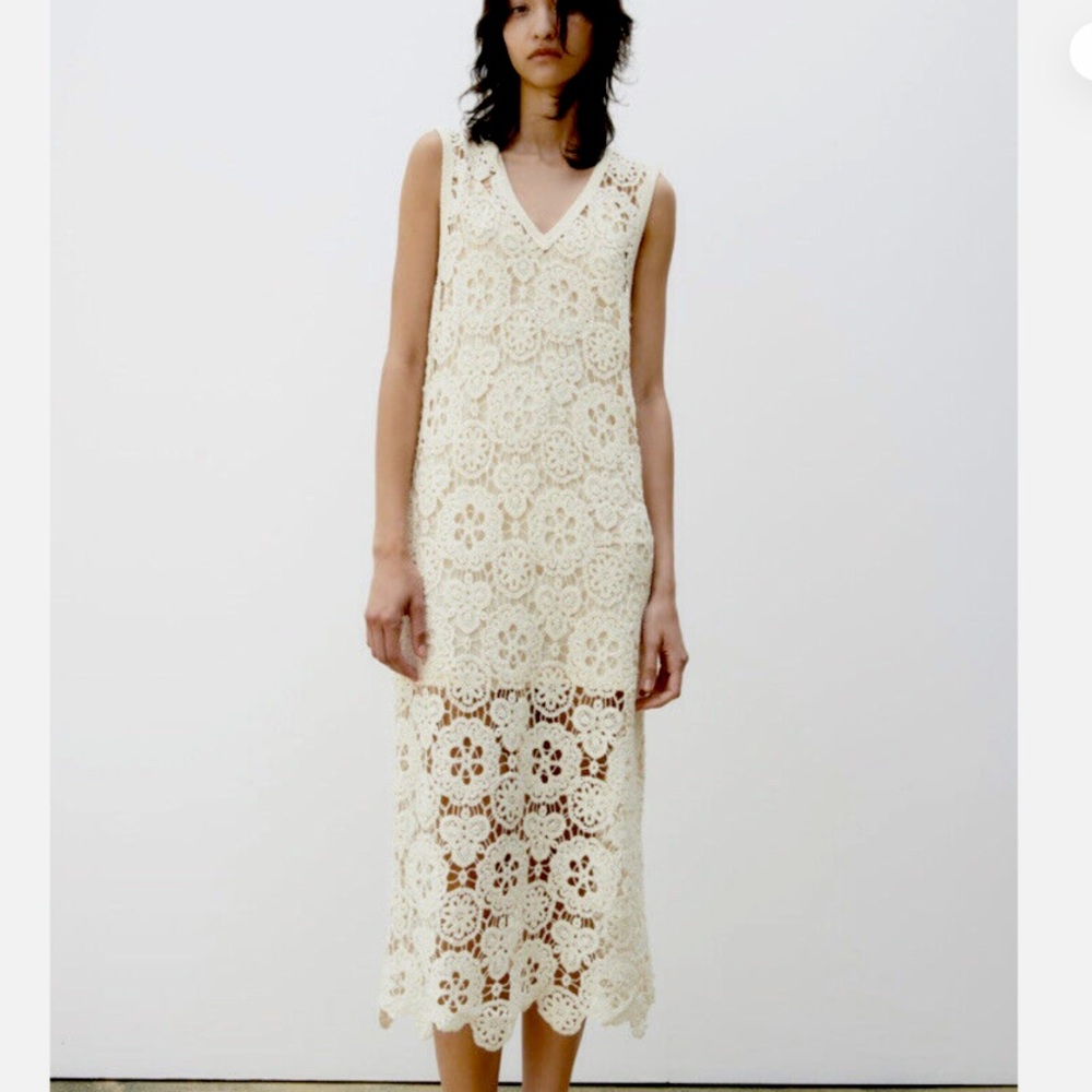 ZARA nwt MACRAMÉ CROCHET KNIT DRESS LINED FLORAL Ecru M